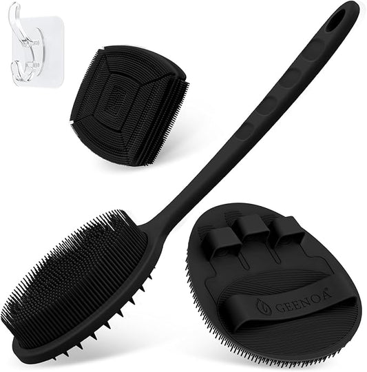 Silicone Back & Face Scrubber & Bath Glove Set 3PCS, 13.4'' Gentle Back Scrubber with Dual-Side Head, 360° Anti-Slip Bath Glove, Unique Side-bristled Face Scrubber for All-round Cleaning(Black)