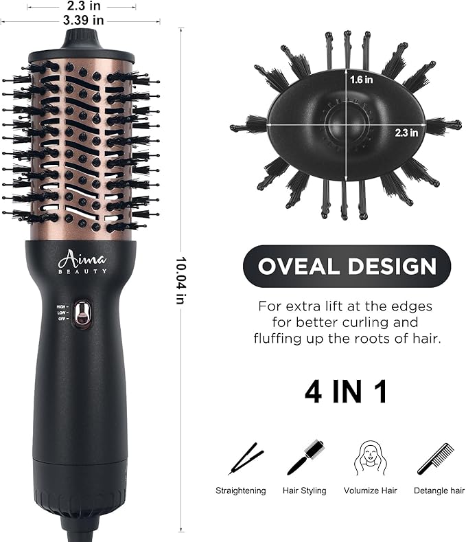 Aima Beauty 4 in 1 Worldwide Travel Hot Air Brush Dual Voltage Blowout Brush Oval Shape 110-120V/220-240V Straightener Blow Dryer Brush Negative Ionic Lock Moisture Gift 360° Swivel Cord Black