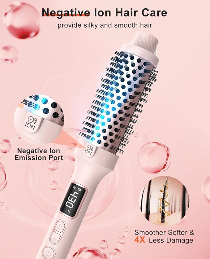 Nimmu Thermal Brush for Blowout Look, 1.5 inch Heated Round Brush, Curling Iron with 10 Temperature Control, Hot Styler Dual Voltage for Travel, Pink