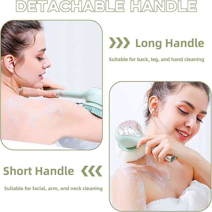Electric Body Brush, 6in1 Back Scrubber for Shower with 3 Speed, IPX7 Waterproof Silicone Bath Scrubber, Rechargeable Electric Spin Scrubber, Cordless Bath Brush for Clean Exfoliate Massage (Green)