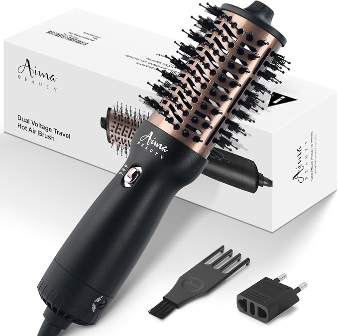 Aima Beauty 4 in 1 Worldwide Travel Hot Air Brush Dual Voltage Blowout Brush Oval Shape 110-120V/220-240V Straightener Blow Dryer Brush Negative Ionic Lock Moisture Gift 360° Swivel Cord Black