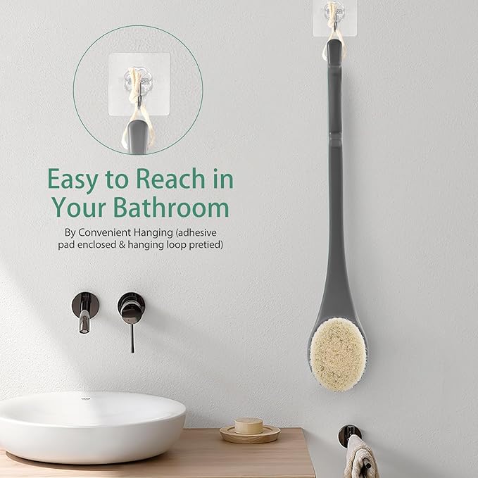 Back Scrubber for Shower, 17-Inch Shower Brush for Men and Women, Long Handle Exfoliating Body Brush, Medium Bristle Stiffness for Dry or Wet Brushing (Deep Gray)