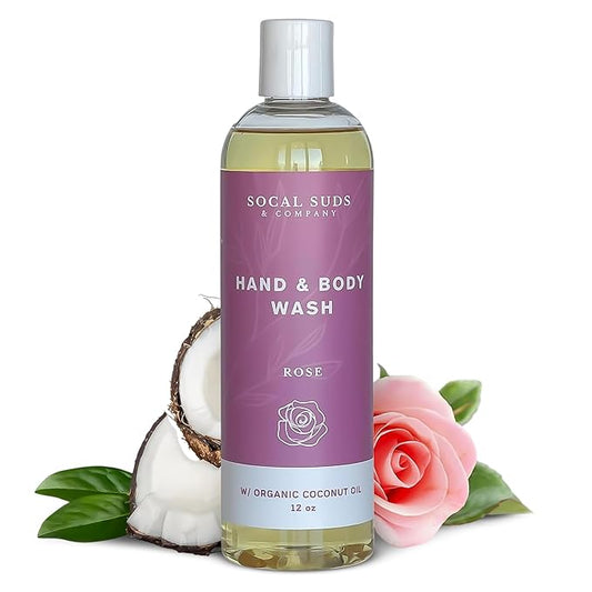 SoCal Suds & Company - 12oz Organic Soap Liquid, Gentle Hand & Body Wash, Organic Body Wash for Men and Women, Made w/Organic Oils & Coconut Oil, Bath Essentials for All Skin Types - Rose