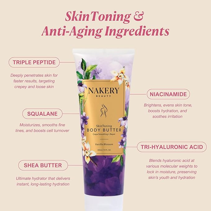 Nakery Skin Toning Body Butter for Women - Firming Body Lotion for Women - Peptide Infused Body Lotion for Crepey & Sagging Skin - Firming Lotion for Neck, Arms & Legs - Vanilla Blossoms