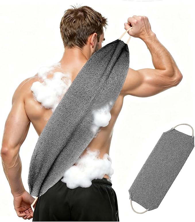 Inmorven Exfoliating Back Scrubber with Handles, Nylon Back Exfoliator, Two Sides Stretchable Pull Strap Shower Deep Cleans Skin Massages Invigorating Blood Circulation for Women Men Body (Dark Gray)