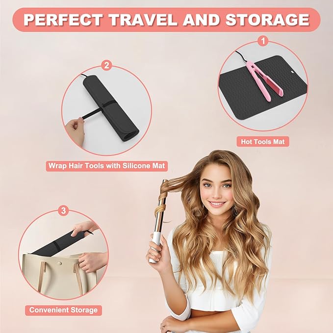 Oversize Silicone Heat Resistant Mat for Curling Irons, Hair Straighteners, Flat Irons and Hot Hair Styling Tools, Portable Wrap Pad Cover for Vanity, Travel, Salon(14.2" x 11.0")
