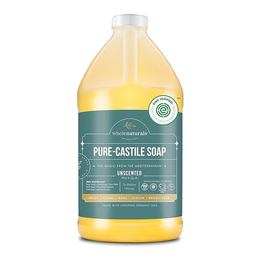 WHOLENATURALS Pure Castile Soap Liquid, EWG Verified & Certified Palm Oil Free Unscented, Natural, Mild & Gentle Non-gmo & Vegan - Organic Body Wash, Laundry, Pet/Dog and Baby Soap - 64 Fl Oz