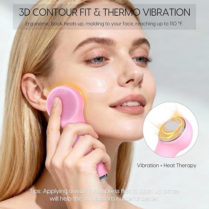 Silicone Facial Cleansing Brush, Portable Electric Face Scrubber with Heat and Vibration, 3 Modes Adjustable, Waterproof IPX6, USB-C Rechargeable, Deep Cleansing, Exfoliating and Massage