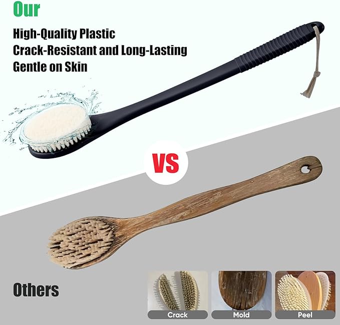 17-Inch Back Scrubber for Shower, Anti-Slip Exfoliating Body Brush for Bath, Gentle Back Brush for Shower for Men, and Women, Cleaning Skin for Smooth, Glowing Skin (Black)
