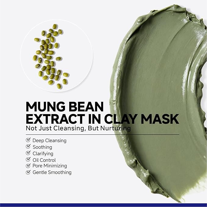 Deep Cleansing Green Clay Mask for Face, Kaolin Clay Masks Blackheads and Pores with Mung Bean for Soothing Detox, Oil Control, Mud Mask with Brush for All Skin Types（5.3 oz）