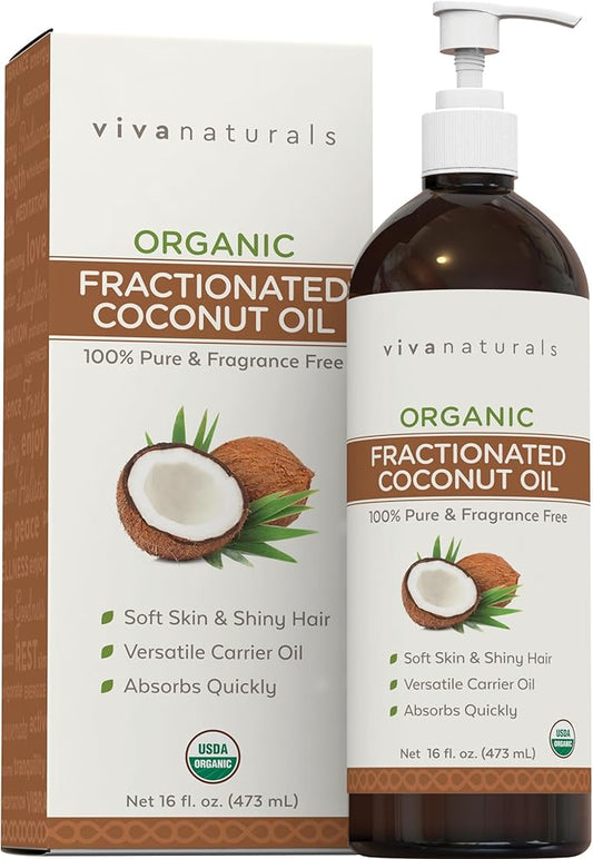 Viva Naturals Organic Fractionated Coconut Oil, 16 fl oz – Skin & Hair Moisturizer, Massage Oil, Carrier Oil for Essential Oils