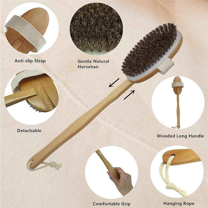 Dry Brushing Body Brush, Exfoliating Back Scrubber Natural Horsehair Bath Brush with 16.5” Long Handle Detachable for Shower, Skin Exfoliation, Cellulite and Lymphatic Improvement Gift