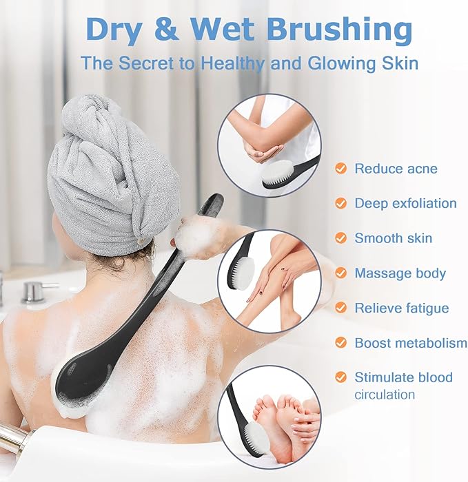 Exfoliating Shower Brush Bath Body Brush, Never Mold 15" Back Brush Long Handle for Shower, Dry Brushing Body Brush or Wet Brush with Moderate Bristle, Black