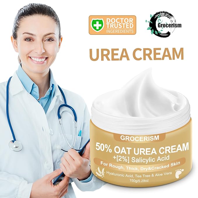Grocerism Urea Cream 50 Percent for Feet 10.58 oz with Oat and 2% Salicylic Acid, Foot & Hand Cream included Hyaluronic Acid, Tea Tree and Aloe Vera for Deep Moisturizing, Callus Removing