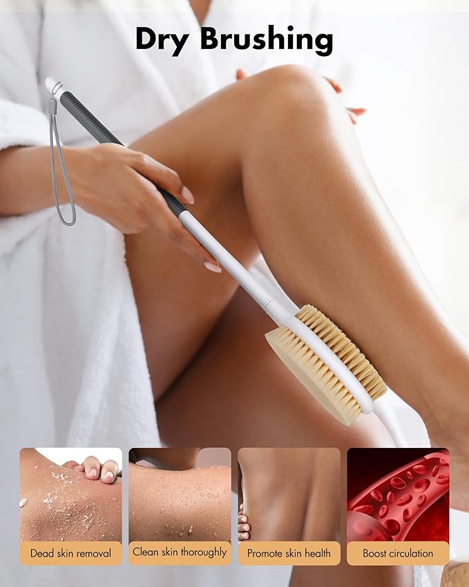 Back Scrubber Anti Slip for Shower: 18.1'' Long Handle Bath Brush with Stiff and Soft Bristles Body Exfoliator Wet or Dry Brushing for Women, Men, Elderly (Charcoal Gray)