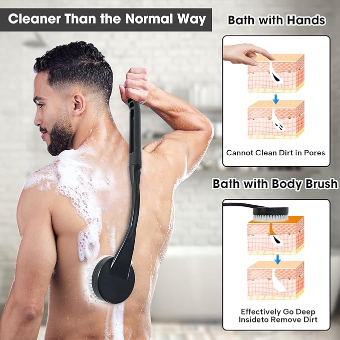 Back Scrubber for Shower,20.5" Bath Brush Long Handle for Shower for Deep Clean,Back Brush for Shower for Men Women(Black)