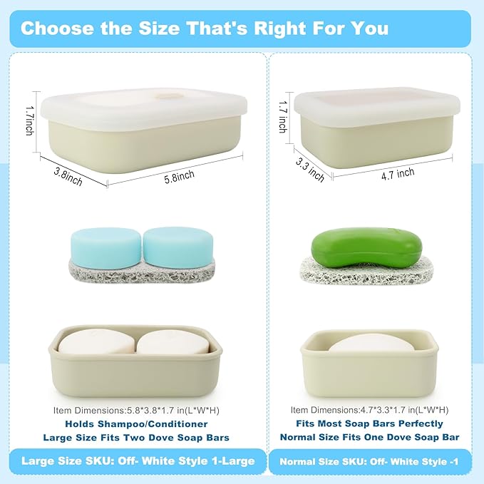 Leak Proof Travel Soap Case,Solid Shampoo Bar Holder, Silicone Soap Container with Draining Layer, Portable Bar Soap Holder for Bathroom, Camping, Gym, Easy to Clean (Off-White, Large)