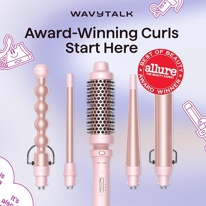 Wavytalk 5 in 1 Curling Iron,Curling Wand Set with Curling Brush and 4 Interchangeable Ceramic Curling Wand(0.5”-1.25”),Instant Heat Up,Include Heat Protective Glove & 2 Clips (Pink)