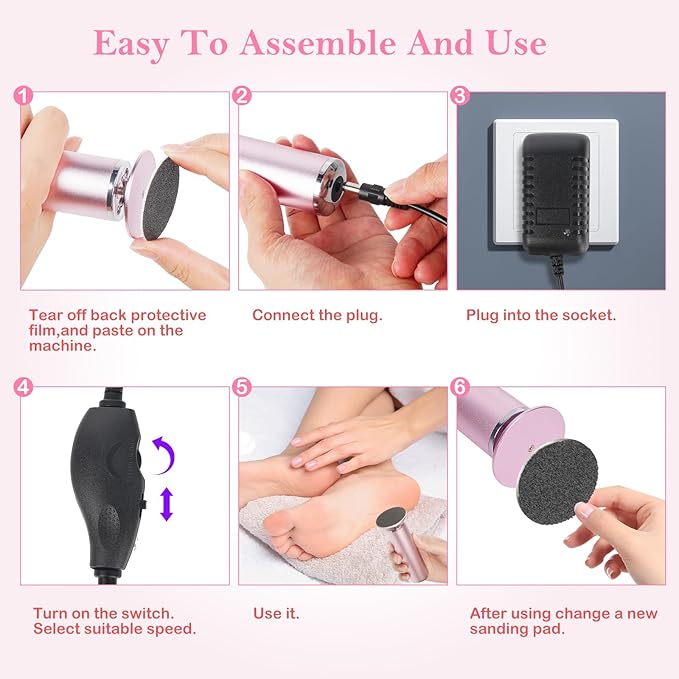 Electric Foot Callus Remover,Powerful Electric Foot File, Professional Adjustable Speed Pedicure Tool with 60 Pcs Replacement Sandpaper Discs for Dead Skin and Calluses-Pink