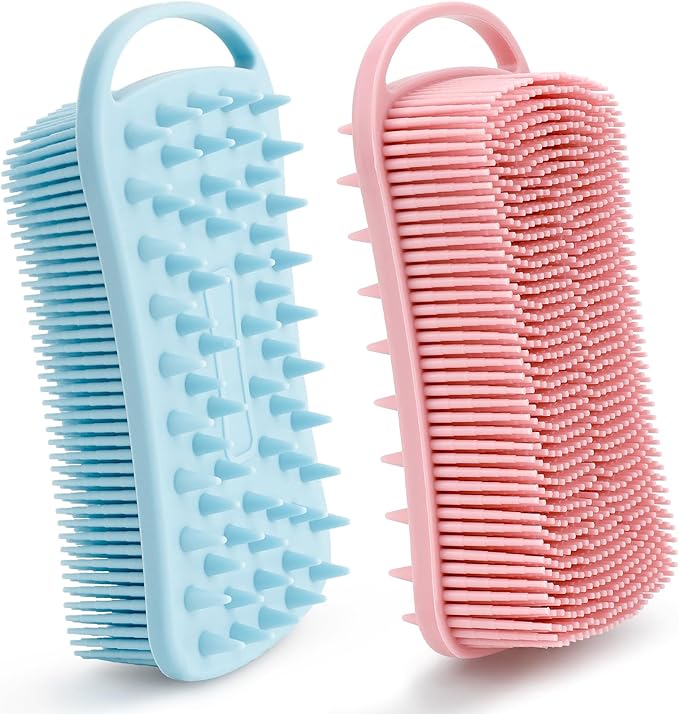 Silicone Body Scrubber, 2 in 1 Soft Silicone Loofah 2 Pack Exfoliating Body Scrubber Loofah for Women Men, Body Scrubber Shower Bath Shampoo Brush with Loop for Sensitive Skin Lather Well, Pink & Blue