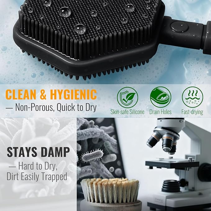 Silicone Back Scrubber for Shower – 21in Extendable Shower Brush with Long Handle – Dual-Sided Back Brush with Non-Slip Grip, Gentle Cleansing & Exfoliation for Men, Women, Elderly (Black)