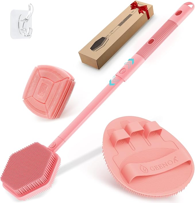 Silicone Back/Face Scrubber & Bath Glove Set 3PCS, Extendable Back Scrubber with Dual-Side Large Head, 360° Anti-Slip Bath Glove, Unique Side-Bristle Face Scrubber for All-Round Cleaning(Pink)