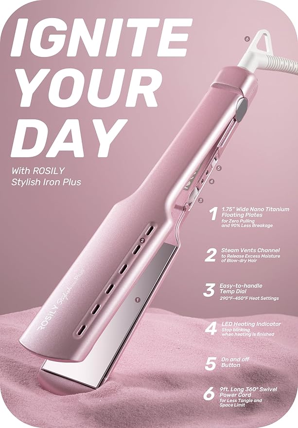 ROSILY Nano Titanium Flat Iron | 1.75 Inch Wide Hair Straightener, Dual Voltage 100-240V, Adjustable Temperature Suitable for All Hair Type, Instant Heat Up