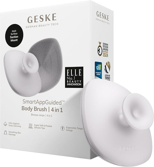 GESKE Body Brush | 4 in 1 | Cleansing Brush for The Entire Body | Professional Deep Cleaning | Soft Silicone Bristles | Ergonomic Two-Finger Design | Cleanses & Massages