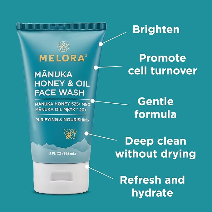 MELORA Manuka Honey Face Wash (5 Oz), Daily Skin Care Facial Cleanser & Makeup Remover with Manuka Honey & Oil for Dry or Sensitive Skin - Anti-Aging Face Wash for Women & Men