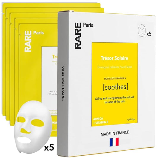 RARE Paris - Trésor Solaire - Soothing Facial Sheet Mask - Soothing & Strengthening - With Vitamin E & Arnica - Brightening, Firming & Revitalizing - Multi-Active Serum Formula - 5 Pack