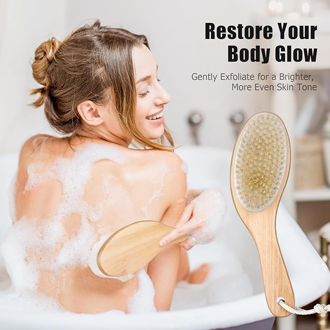 Dry Brushing Body Brush, 100% Natural Boar Bristle Beauty Body Dry Brush Brushing, with Contoured Wooden, Ergonomic Handle, Easy to Clean for Back Legs Feet Exfoliates Dead Skin