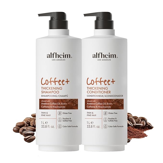 ALFHEIM Coffee+ Thickening Shampoo & Conditioner Set for Fine, Thin & Weak Hair with Caffeine, Biotin & Arabica Coffee Oil – Strengthening, Moisturizing & Volumizing Duo – Sulfate-Free – 33.8 oz × 2