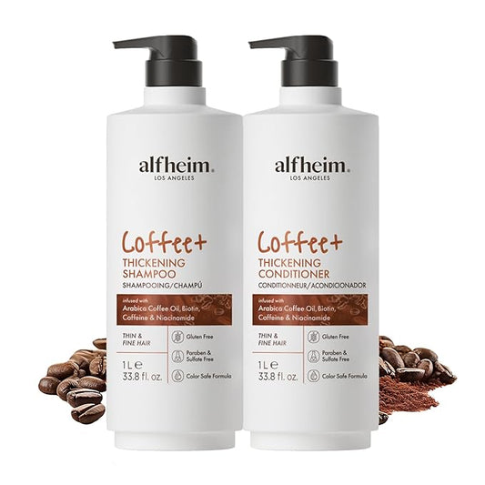 ALFHEIM Coffee+ Thickening Shampoo & Conditioner Set for Fine, Thin & Weak Hair with Caffeine, Biotin & Arabica Coffee Oil – Strengthening, Moisturizing & Volumizing Duo – Sulfate-Free – 33.8 oz × 2