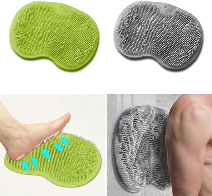 2 PCS Shower Foot & Back Scrubber Brush, Hands Free Wall Mounted Back Massager Mat with Non-Slip Suction Cups Deep Cleaning Foot Brush Exfoliating Silicone Massage Cleaner (Green&Grey)