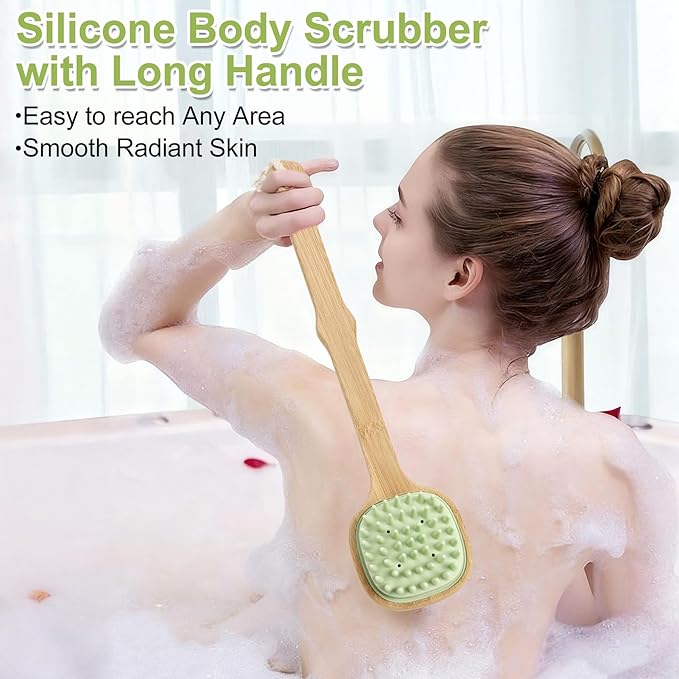 Silicone Back Scrubber for Shower, Silicone Bath Body Brush Loofah with Long Handle, Dual-Sided Shower Brush for Body, Green Exfoliating Body Scrubber for Men Women, Back Washer for Men with Hook
