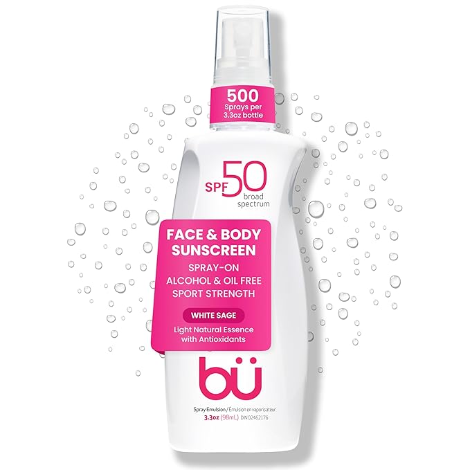 BU SPF 50 Sunscreen Spray for Face and Body, Non Aerosol Spray, TSA Travel Size Sunscreen, Clear, Non Greasy, Water Resistant, White Sage 3.3 oz