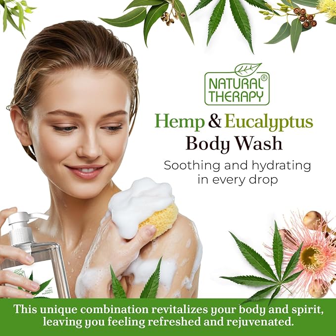 Natural Therapy Body Wash for Women and Men with Hemp & Eucalyptus Oils - Shower Gel Cleanses and Moisturizing Skin - With Dead Sea Minerals Nourish for Body, Pack of 2 (67.6 fl.oz)