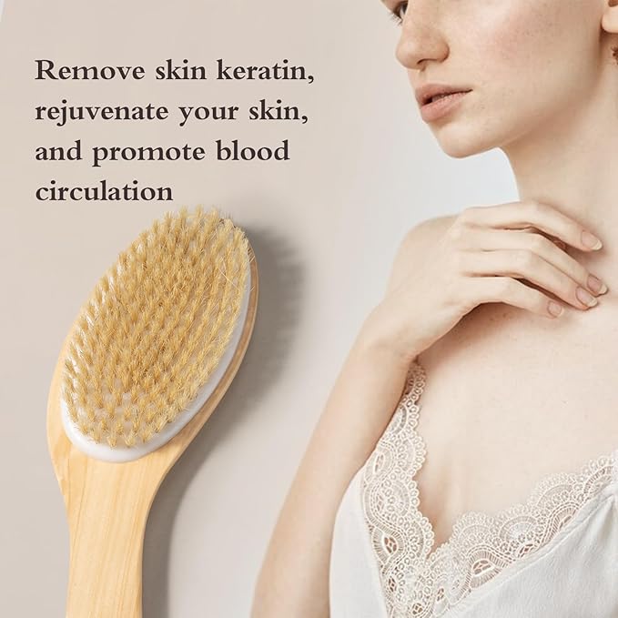 Bamboo Curved Long Handle Dry Brushes, Dry Body Brush for Dry Skin, Blood Circulation, Cellulite Treatment，Wet and Dry Brush Suitable for All Kinds of Skin with Soft and Stiff Bristles