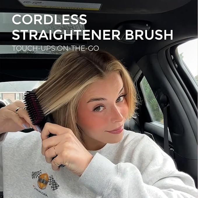 TYMO Porta Cordless Hair Straightener Brush, Portable Mini Straightening Brush for Travel, Negative Ion Hot Comb Hair Straightener for Women, Lightweight to Carry Out, USB Rechargeable, Black