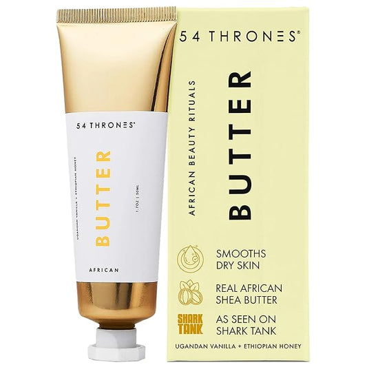 54 Thrones African Beauty Shea Butter, Intensive Dry Skin Support, Moisturizing Body Butter for Women, Moisturizing Body Balm and Cream, Locks in Moisture, Ugandan Vanilla + Ethiopian Honey, 1.7 oz