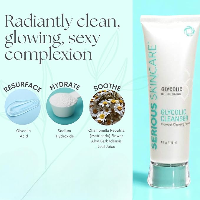 Serious Skincare Glycolic Acid Cleanser, Exfoliating Face Wash,10% Glycolic Acid, Deep Pore Purifying, Removes Makeup, Oil, and Impurities, Shave Prep, Anti-Aging for Women & Men 12 Oz & 4 Oz