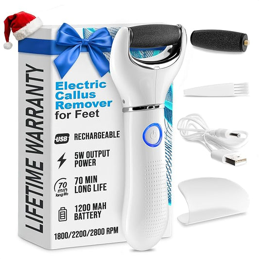 Rechargeable Electric Foot File Callus Remover – 3-Speed Foot Scrubber Electric (1800/2200/2800 RPM), Dry Skin Remover for Feet – 1200mAh, 70 Min Runtime, 2 Replacement Rollers 80 and 60 Grit