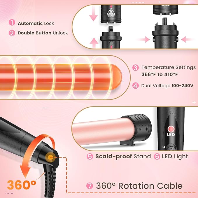 5 in 1 Curling Iron Wand Set, Hair Curling Iron Interchangeable Ceramic Barrels (0.35 to 1.25 Inch), Barrel Heat Protective Glove 2 Clips, Dual Voltage Hair Curler for Girls, Women Gift - Rose Gold