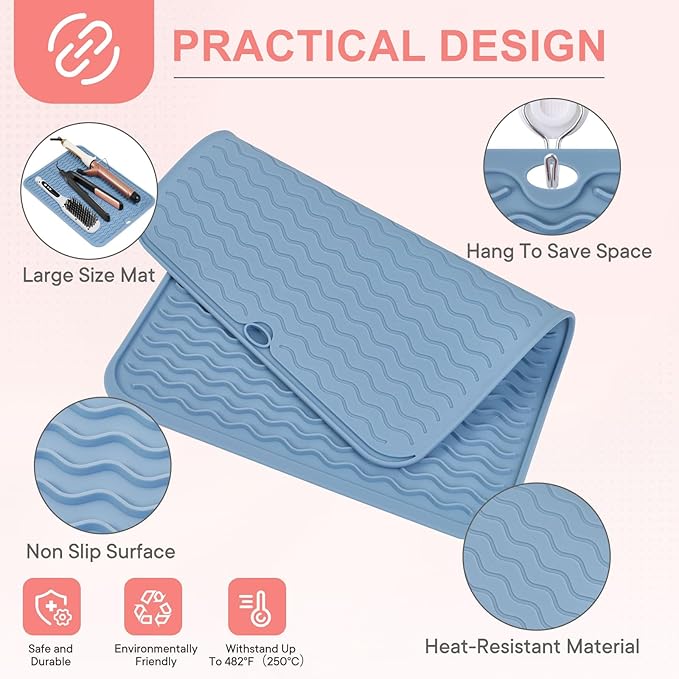 Oversize Silicone Heat Resistant Mat, Portable Travel Mat Cover with Velcro for Curling Irons, Flat Irons, Hair Straightener and Hot Hair Styling Tools(14.2" x 11")