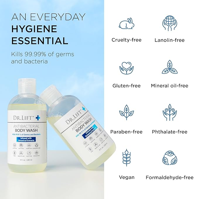 Antibacterial Body Wash, Refreshing Scent, Hydrating Shower or Bath Cleanser With Citric Acid, Spirulina, and Lemon, Clean Moisturizing Formula, Vegan, Paraben and Phthalate Free, 8 Fl Oz