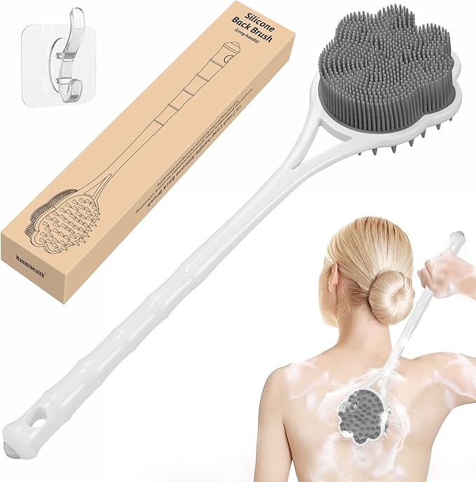 Manmihealth 15.7" Cute Silicone Back Scrubber with Long-Handle, Dual Use Back Brush for Shower with Super-Soft Silicone Bristles, Paw-Shaped Shower Body Scrubber for Sensitive Skin (Gray)