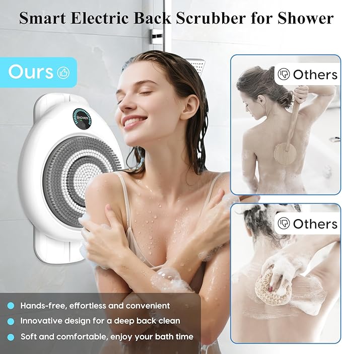 Electric Back Scrubber for Shower - Wall Mounted Exfoliating Brush, Hands-Free Automatic Body Scrubber, IPX7 Waterproof, 3-Speed Adjustment, 3 Replaceable Heads with 50pcs Disposable Shower Caps