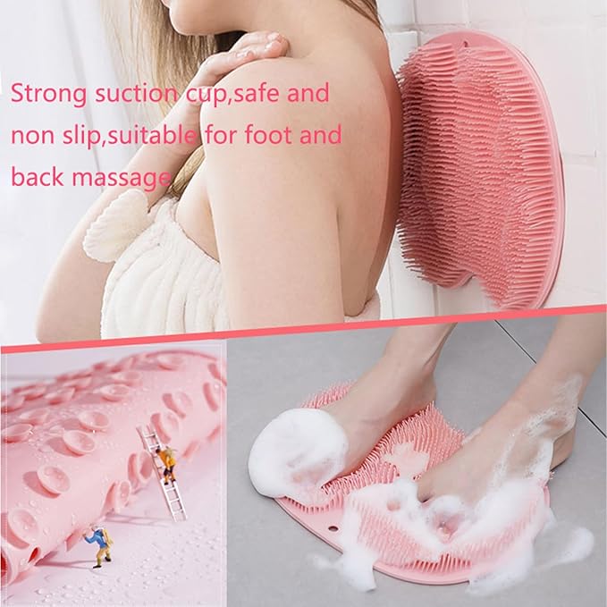 Shower Foot and Back Scrubber Mat,Wall Mounted Shower Foot Scrubber with Suction Cups,Exfoliating Silicone Massage Foot Cleaner for Shower(Grey&Pink)