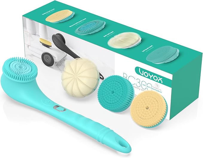 VOYOR Electric Body Brush Back Scrubber Silicone Body Scrubber Two-Way Rotating Brush Head for Deep Cleaning, Exfoliation, 4 Attachments Long Handle IPX6 Rechargeable Shower Brush BC300 (Blue)