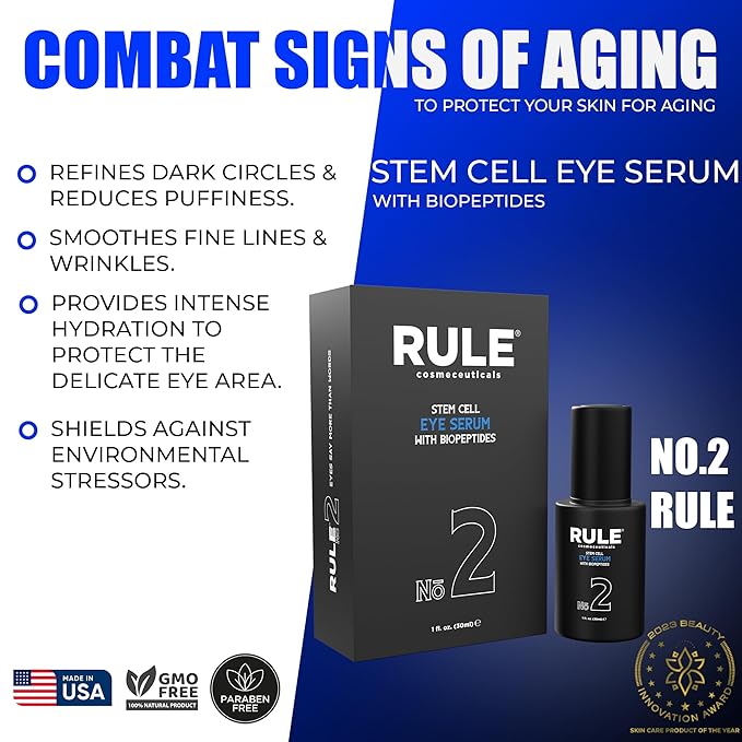RULE No.2 Stem Cell Serum for Dark Circles and Puffiness, Advanced Anti Aging Argan Serum Eye Bags Treatment for Men, Firm Lift & Reduce Wrinkles with BioPeptides Vitamin E Eye Gel Cream, 30ml